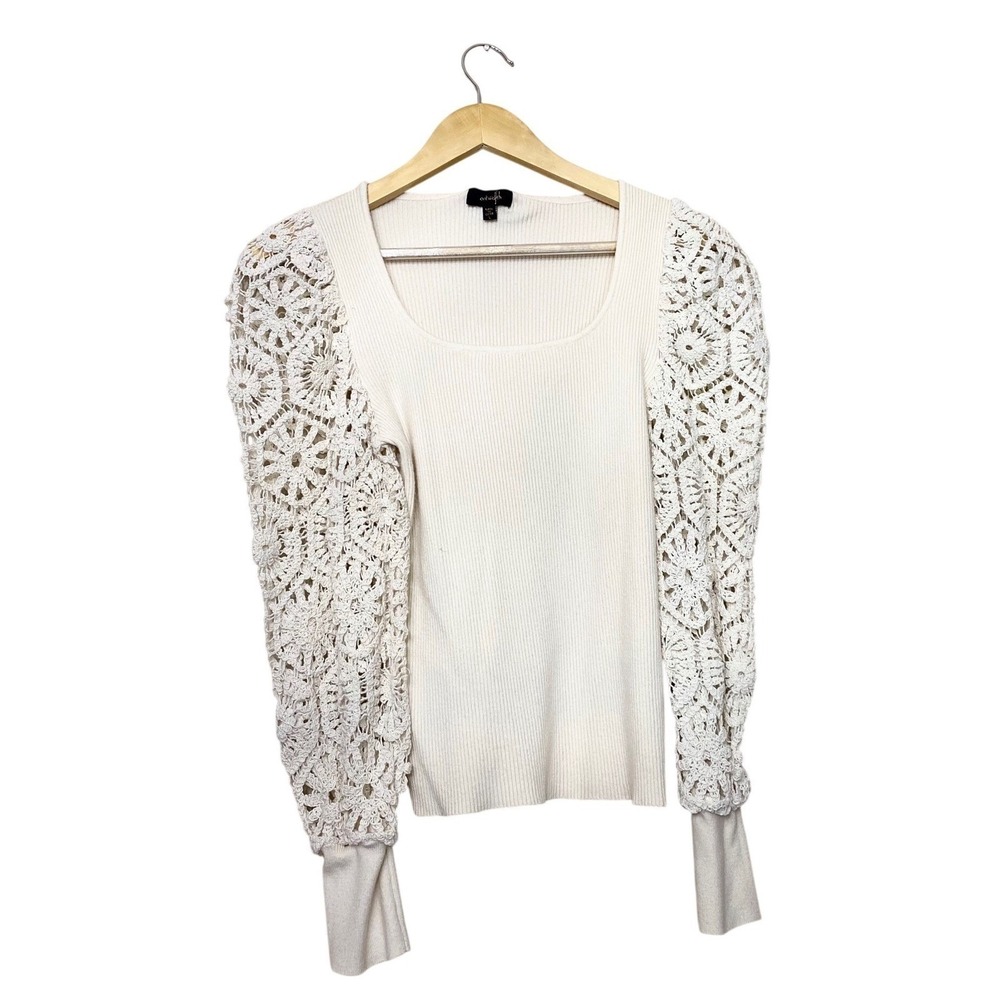 Ontwelfth Cream Ribbed Knit Square Neck Top Floral Crochet Long Sleeve Large